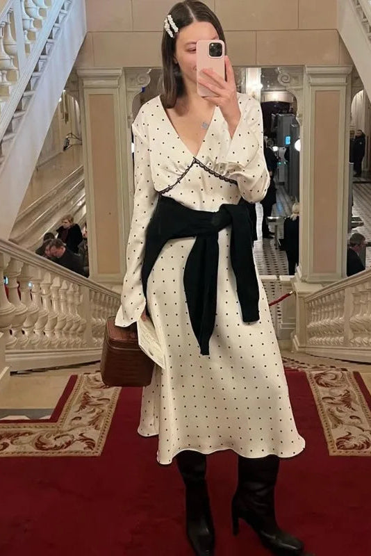Polka Dot Satin Maxi Dress Lace Detail Long Sleeve