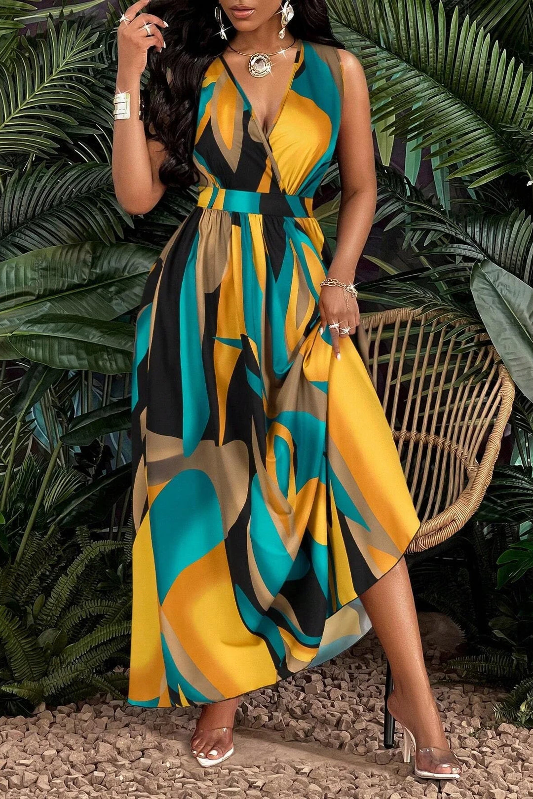 Tropical Print V Neck Maxi Dress Orange Knit Fit And Flare