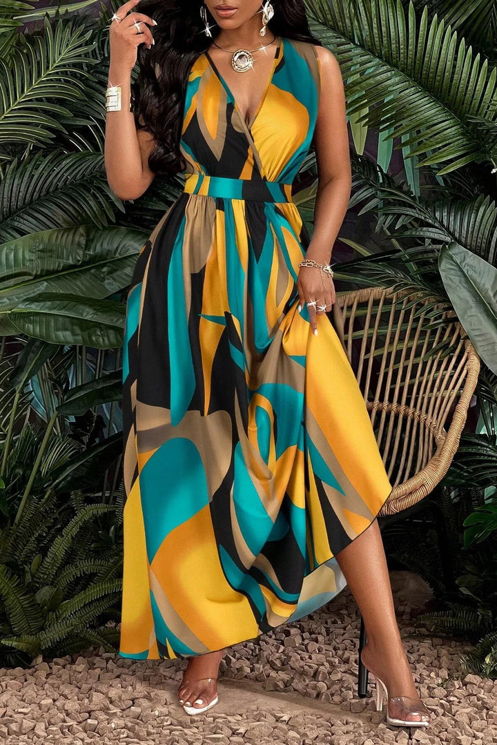 Tropical Print V Neck Maxi Dress Orange Knit Fit And Flare