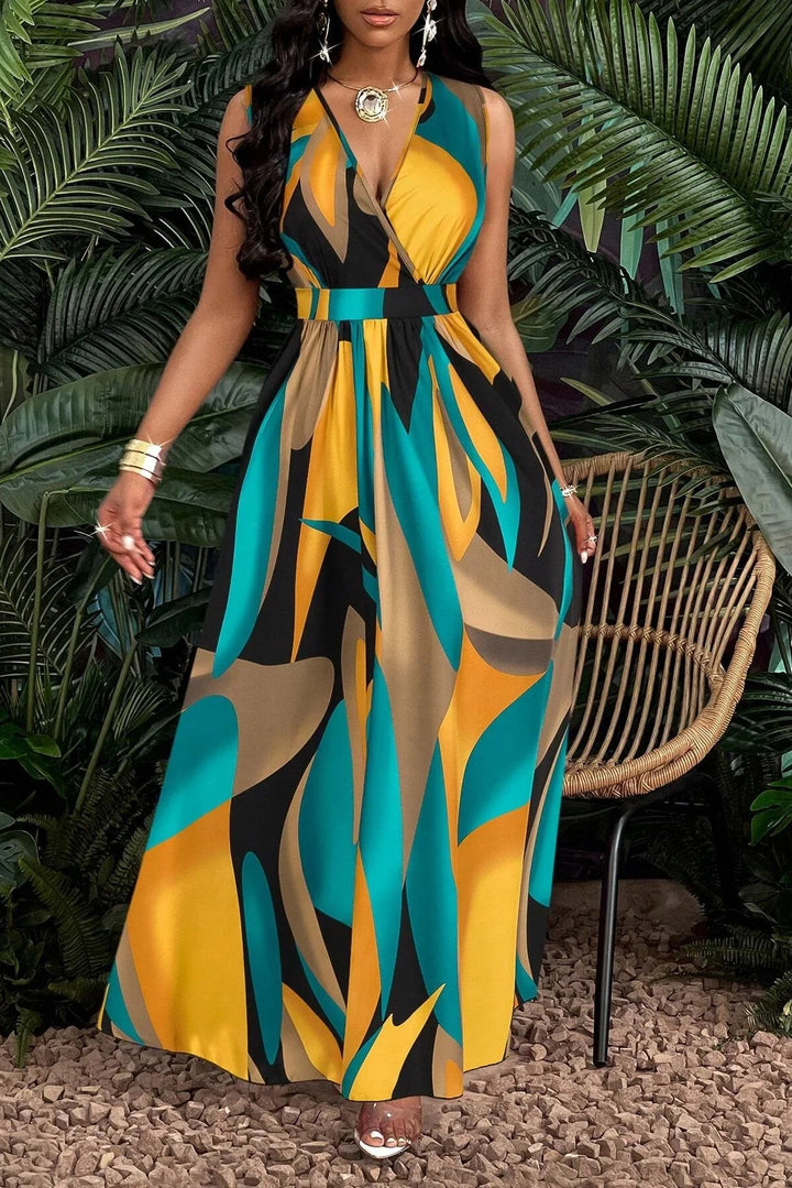 Tropical Print V Neck Maxi Dress Orange Knit Fit And Flare