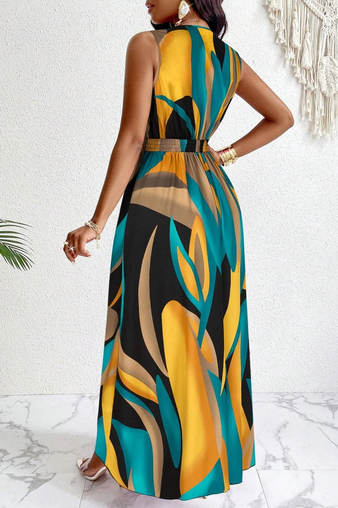 Tropical Print V Neck Maxi Dress Orange Knit Fit And Flare