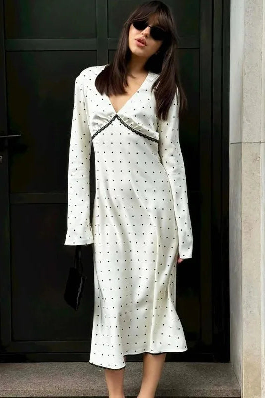 Polka Dot Satin Maxi Dress Lace Detail Long Sleeve