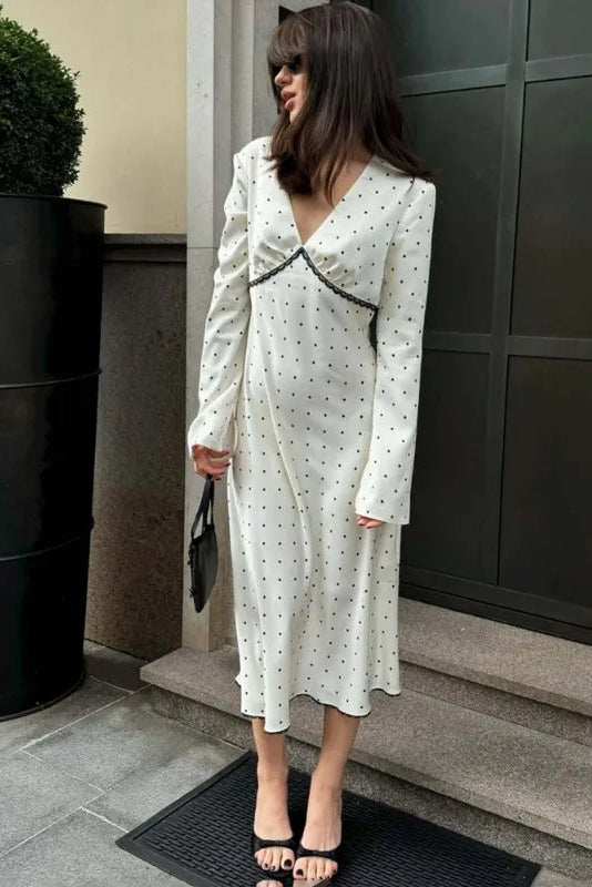 Polka Dot Satin Maxi Dress Lace Detail Long Sleeve