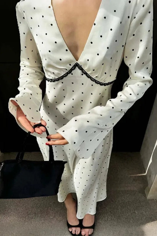 Polka Dot Satin Maxi Dress Lace Detail Long Sleeve