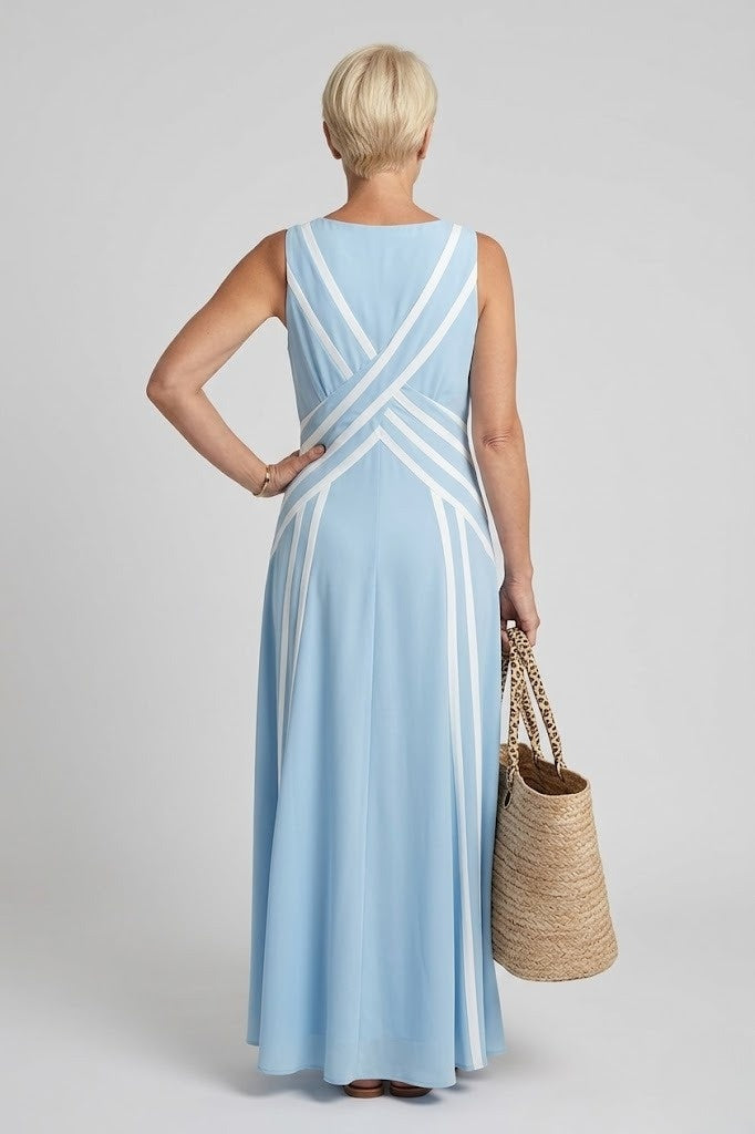 Sleeveless V Neck Maxi Dress Blue White Stripe Detail Summer