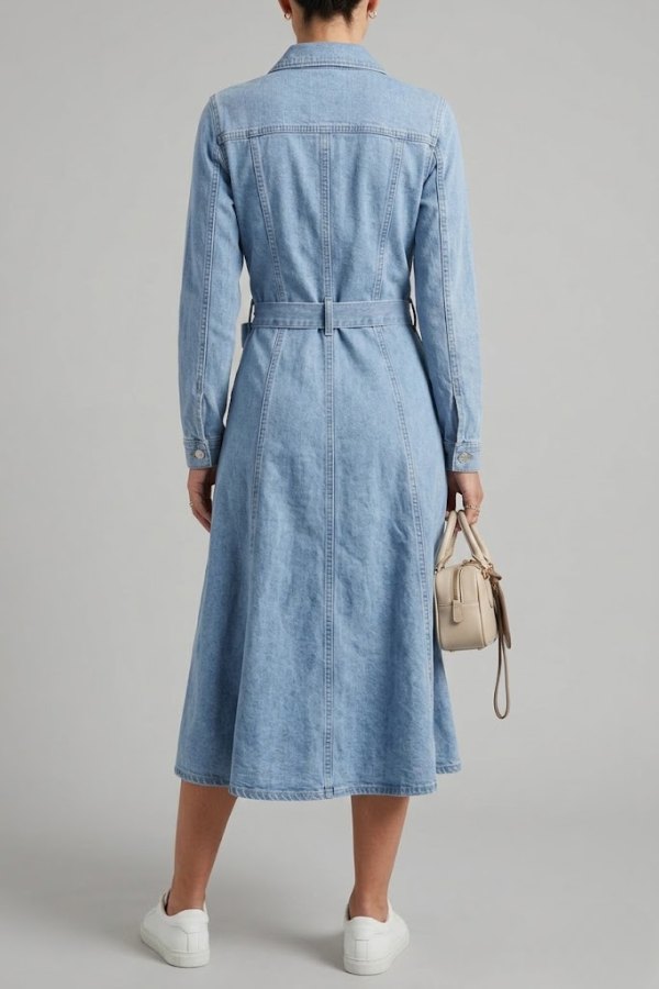 Denim Long Sleeve Button Up Belted Midi Dress