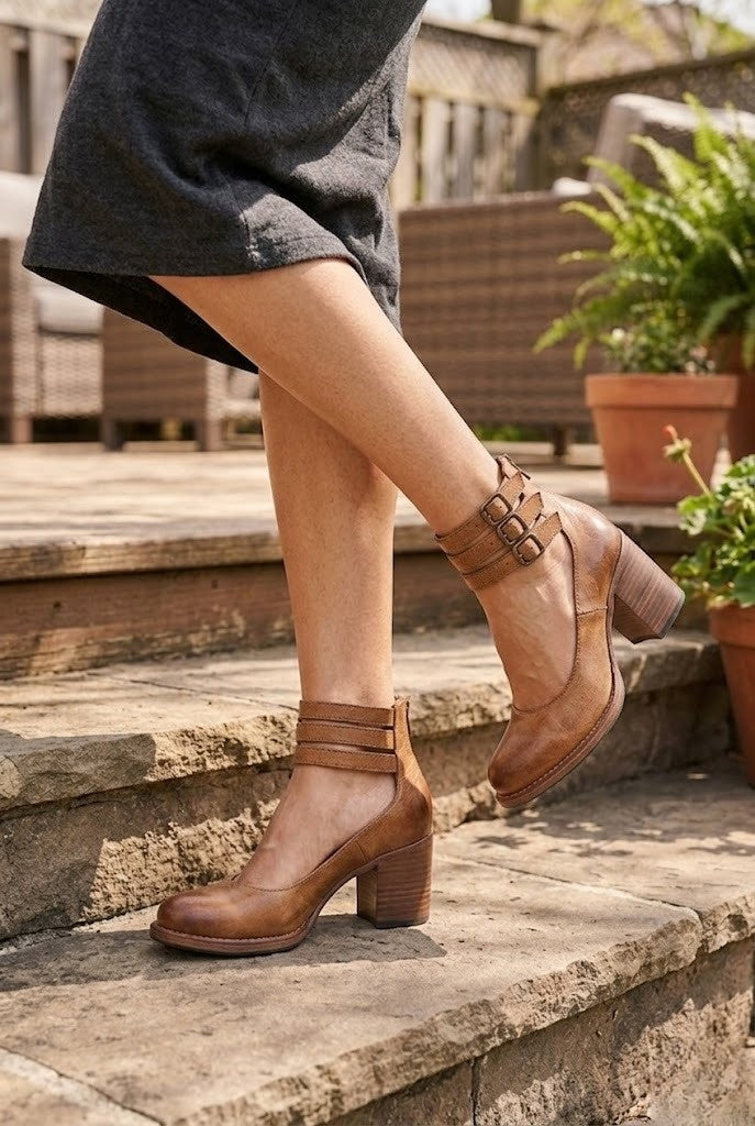 Womens Strappy Ankle Strap Block Heel Boots