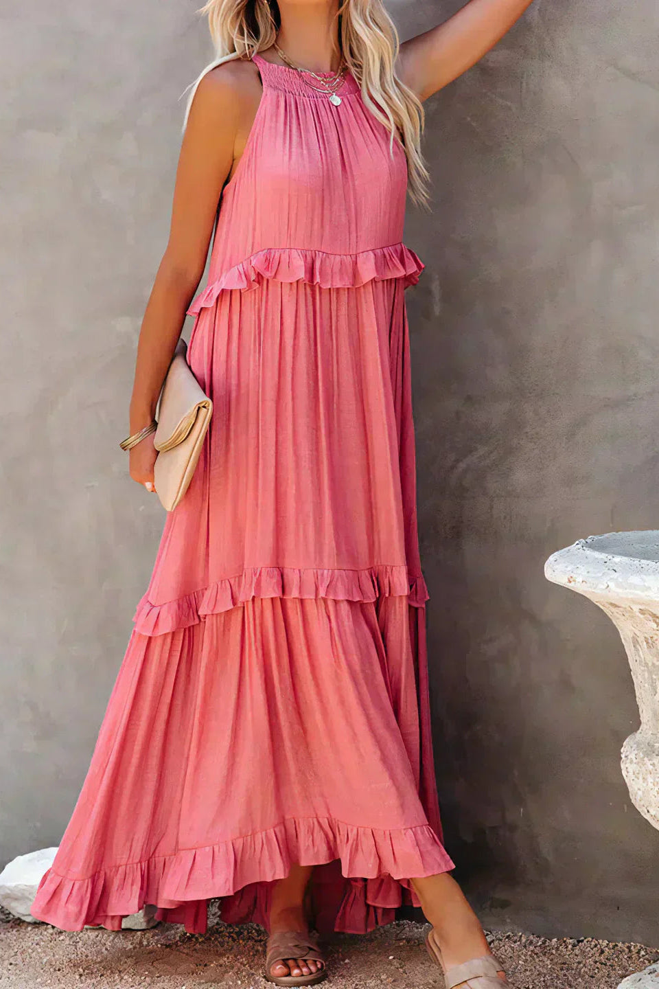 Elegant Sleeveless Ruffle Maxi Dress with Flattering Drape