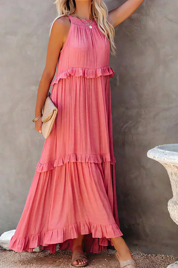 Elegant Sleeveless Ruffle Maxi Dress with Flattering Drape