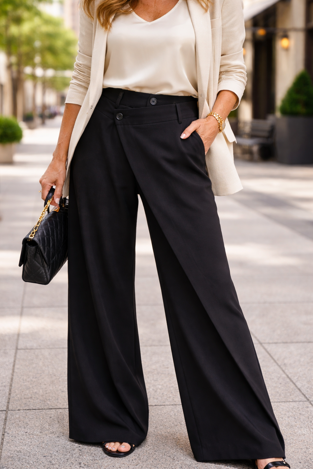 Womens High Waisted Straight Leg Pants Asymmetrical Style