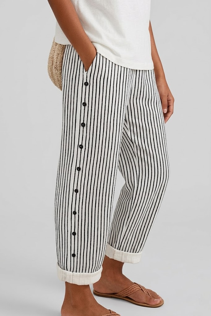 Womens Striped Wide Leg Trousers Button Detail Relaxed Fit
