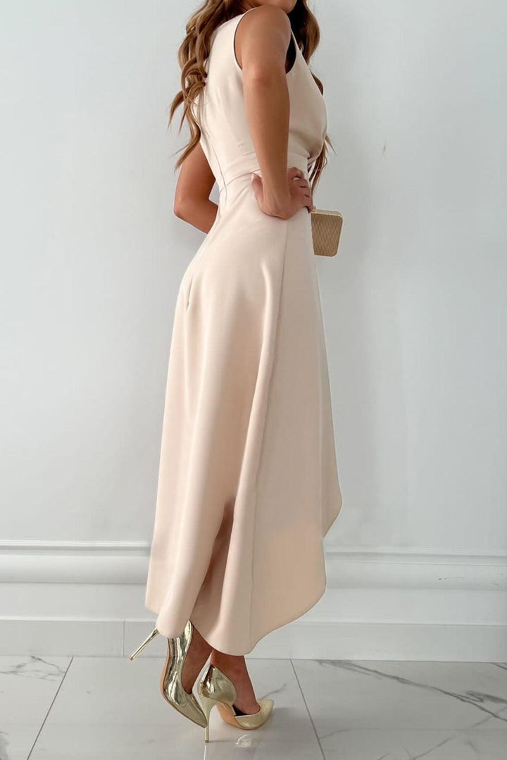 Sleeveless Deep V Neck Midi Dress Cascade Ruffle Skirt Evening Occasion
