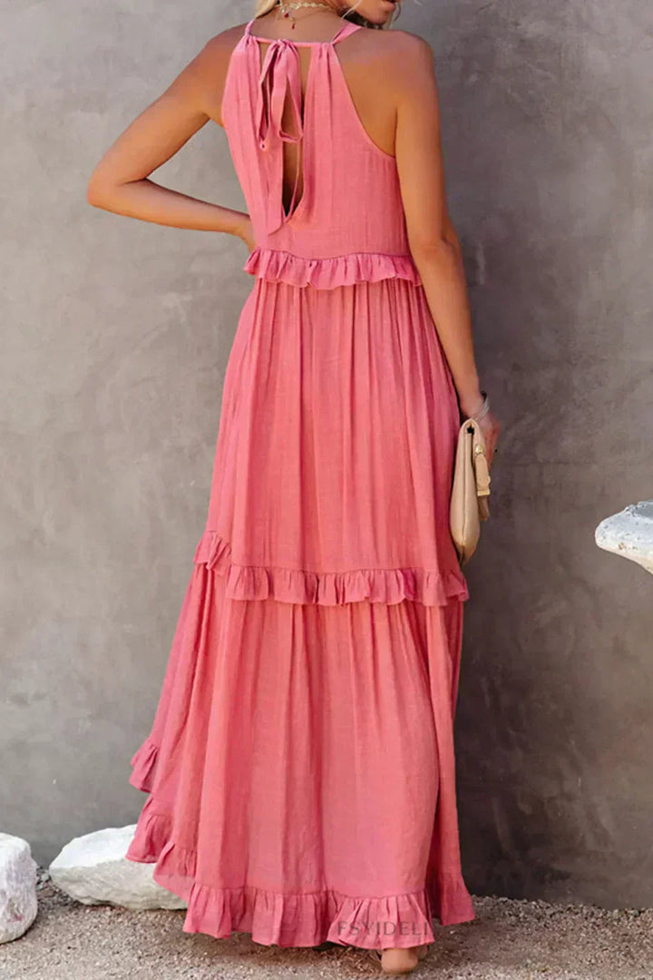 Elegant Sleeveless Ruffle Maxi Dress with Flattering Drape