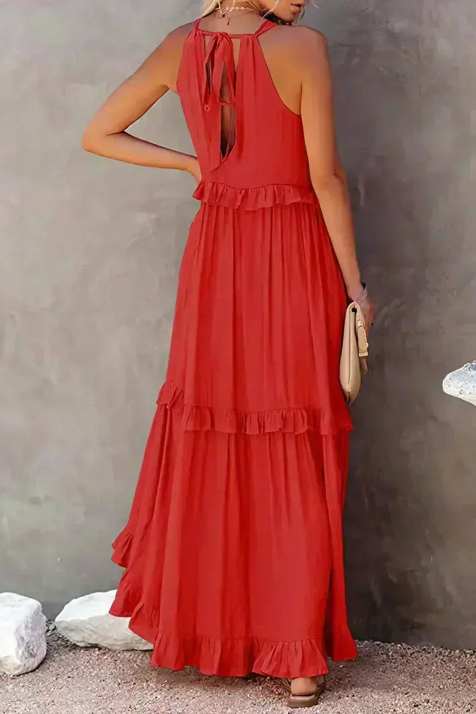 Elegant Sleeveless Ruffle Maxi Dress with Flattering Drape