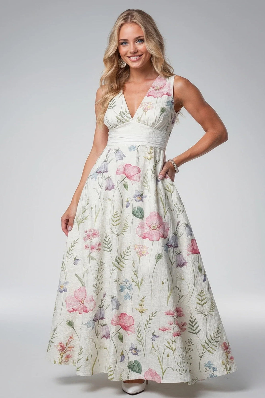 Floral V Neck Maxi Dress Sleeveless Flowing Fit