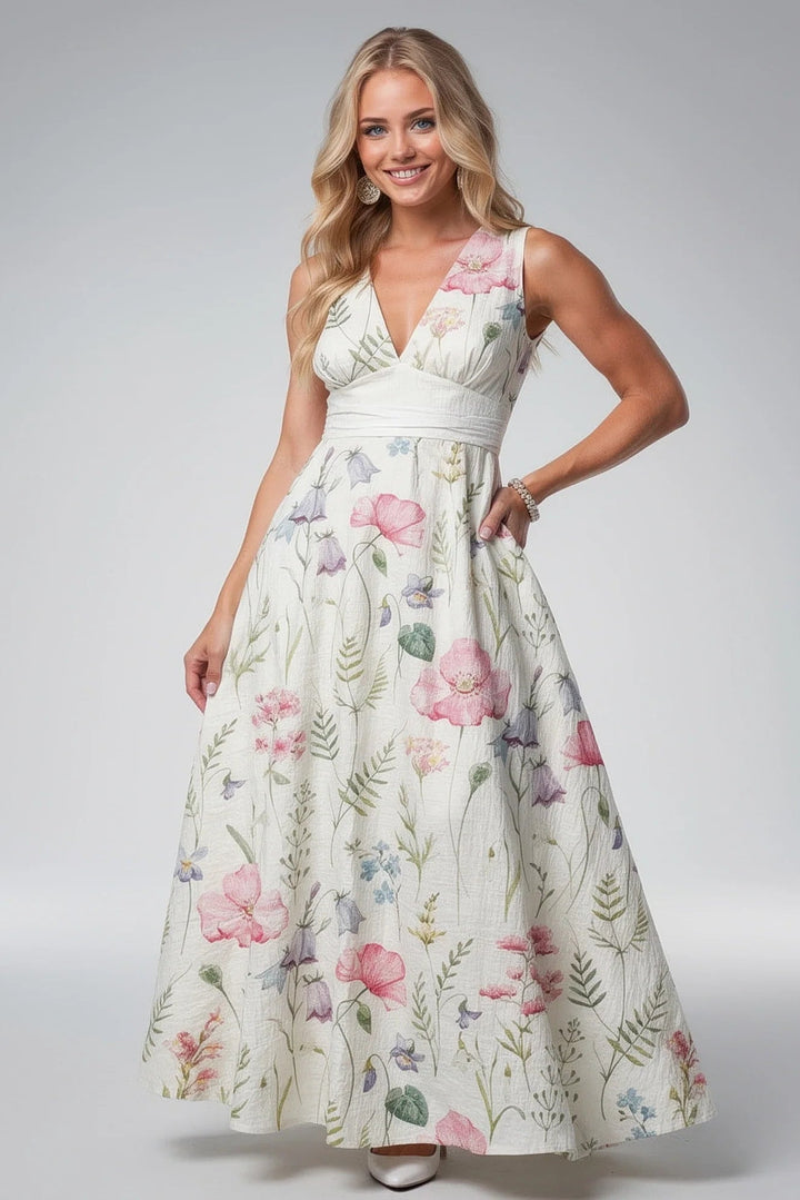 Floral V Neck Maxi Dress Sleeveless Flowing Fit