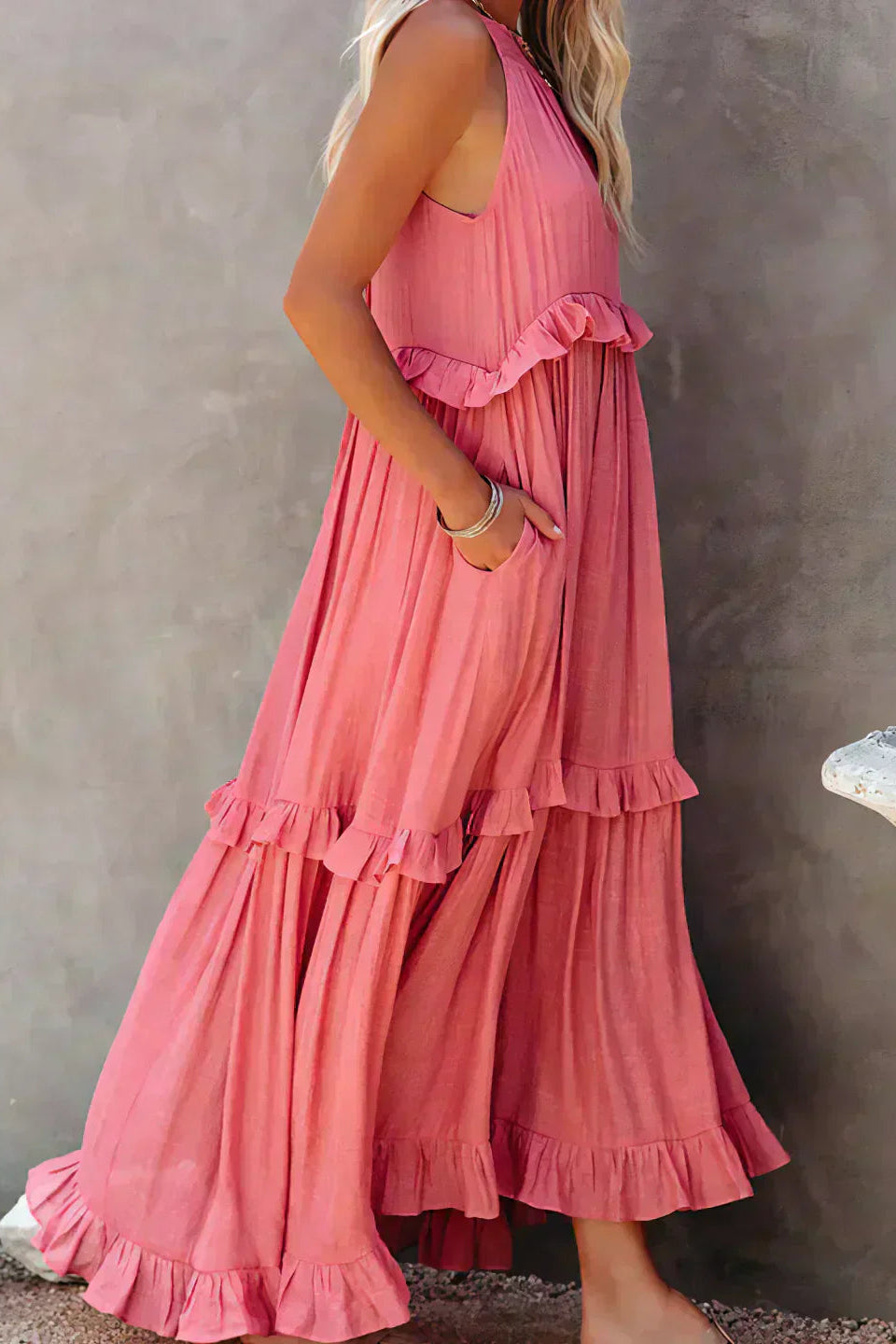 Elegant Sleeveless Ruffle Maxi Dress with Flattering Drape
