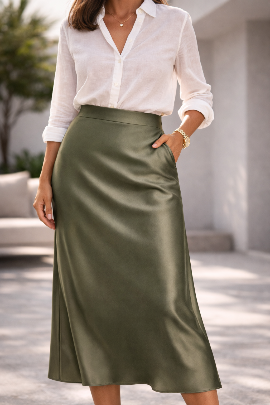 Womens High Waist Satin Midi Skirt