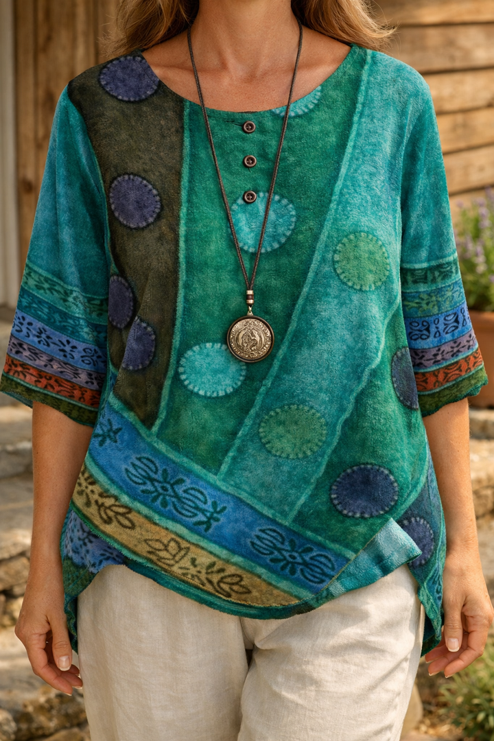 Womens Retro Inspired Embroidered Blouse Relaxed Fit