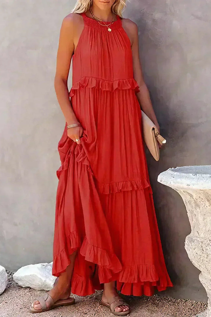 Elegant Sleeveless Ruffle Maxi Dress with Flattering Drape