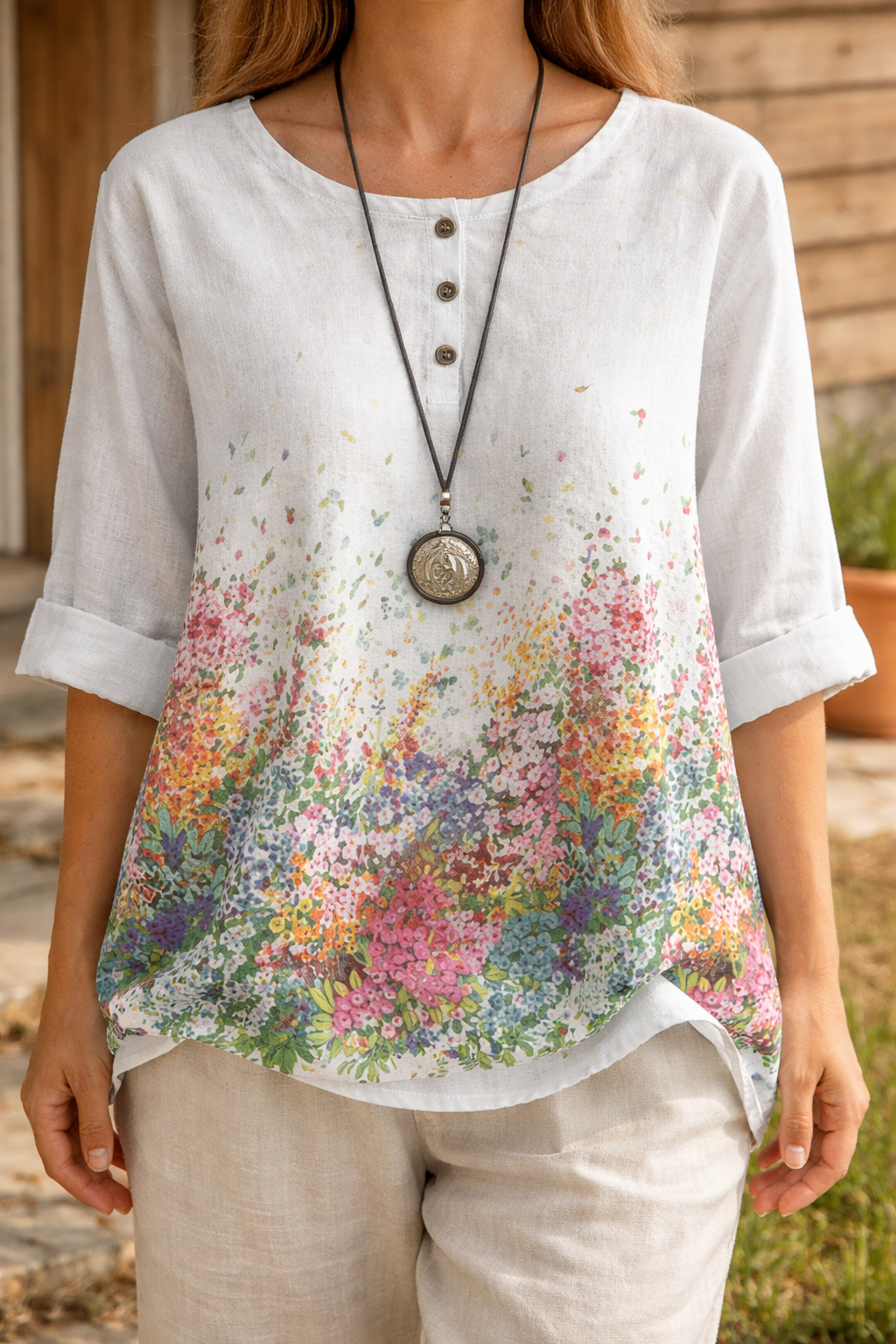 Person wearing a white blouse with floral pattern and beige pants outdoors.