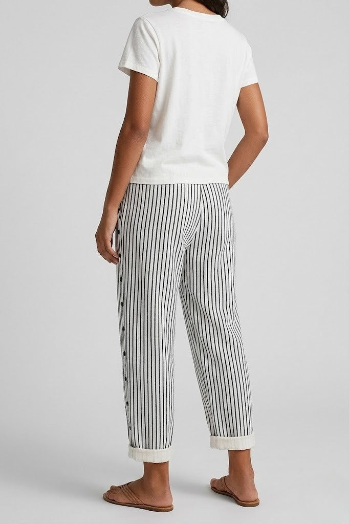 Womens Striped Wide Leg Trousers Button Detail Relaxed Fit