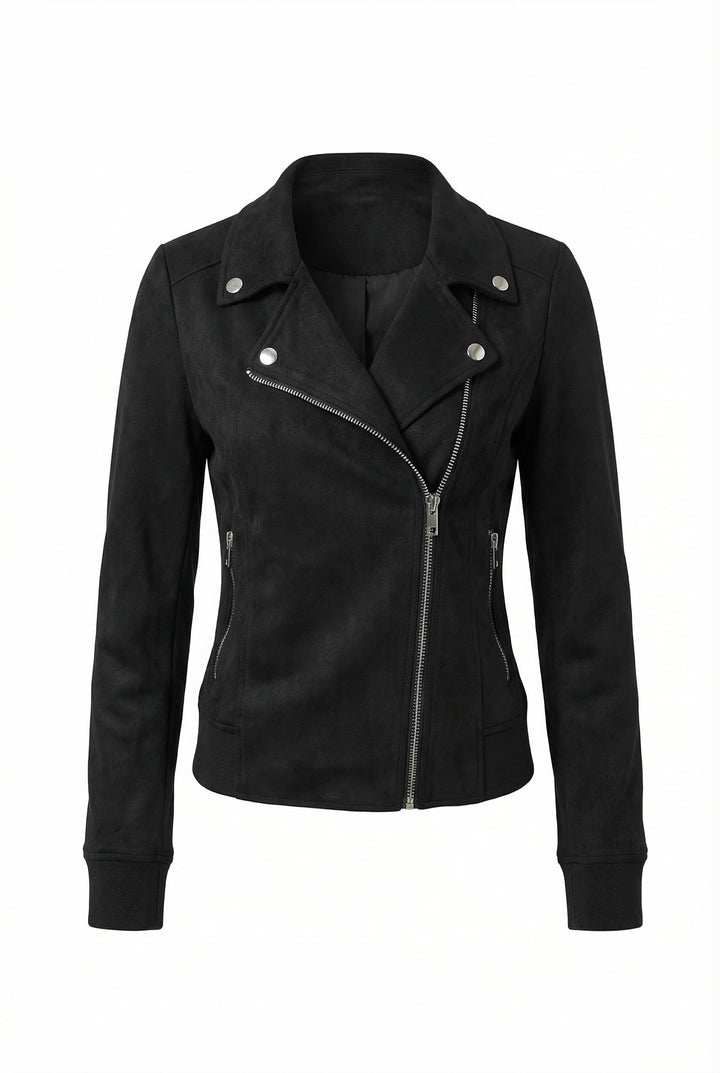 Womens Classic Cropped Biker Jacket Suede Finish