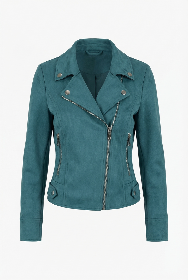 Womens Classic Cropped Biker Jacket Suede Finish
