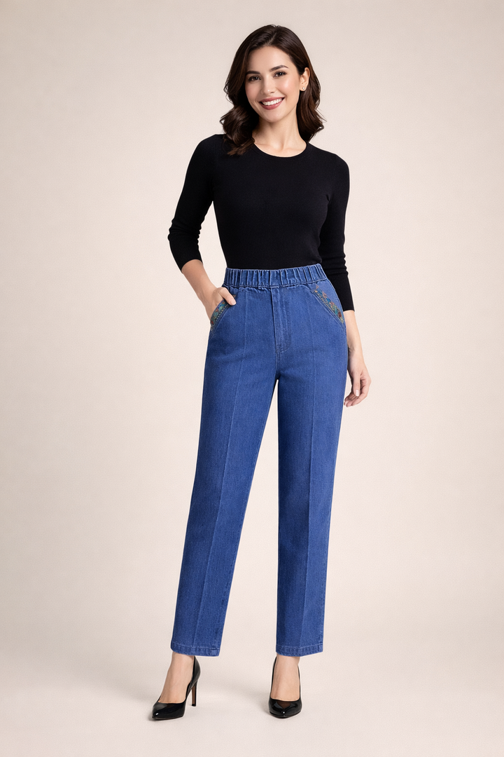 Womens Elastic Waist Straight Leg Denim Trousers Embroidered Detail