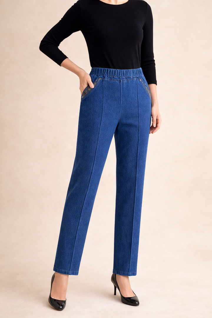 Womens Elastic Waist Straight Leg Denim Trousers Embroidered Detail