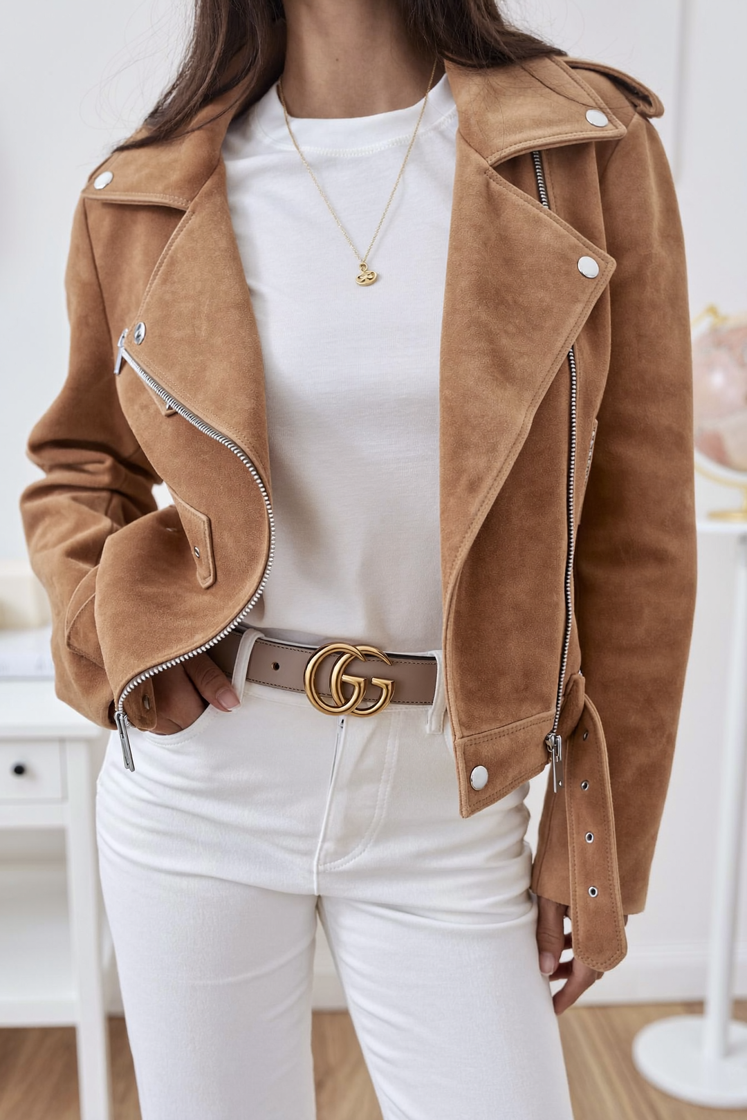 Womens Classic Cropped Biker Jacket Suede Finish