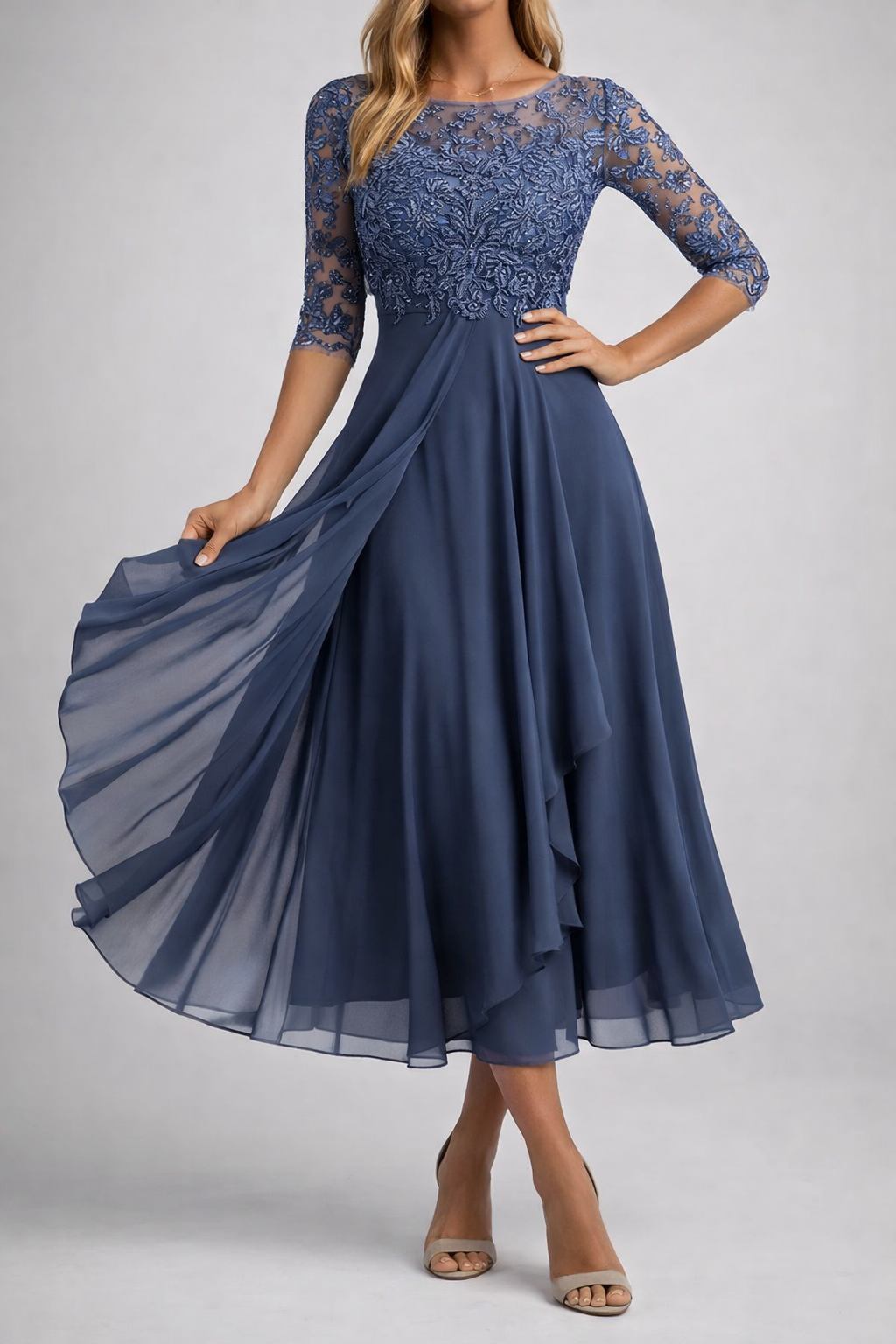 Elegant Lace Overlay Midi Dress with Scalloped Detail