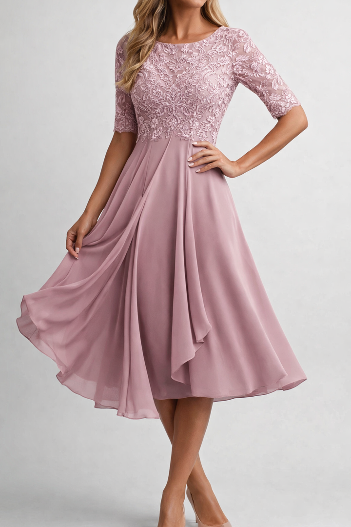 Elegant Lace Overlay Midi Dress with Scalloped Detail