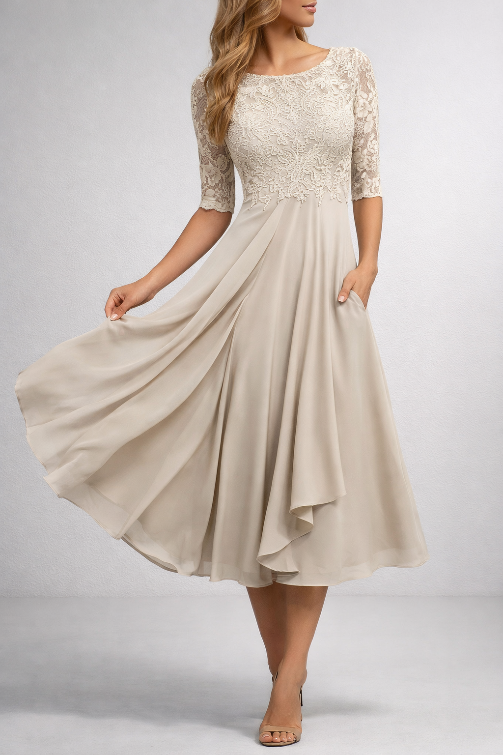 Elegant Lace Overlay Midi Dress with Scalloped Detail