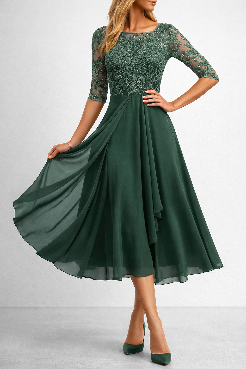Elegant Lace Overlay Midi Dress with Scalloped Detail