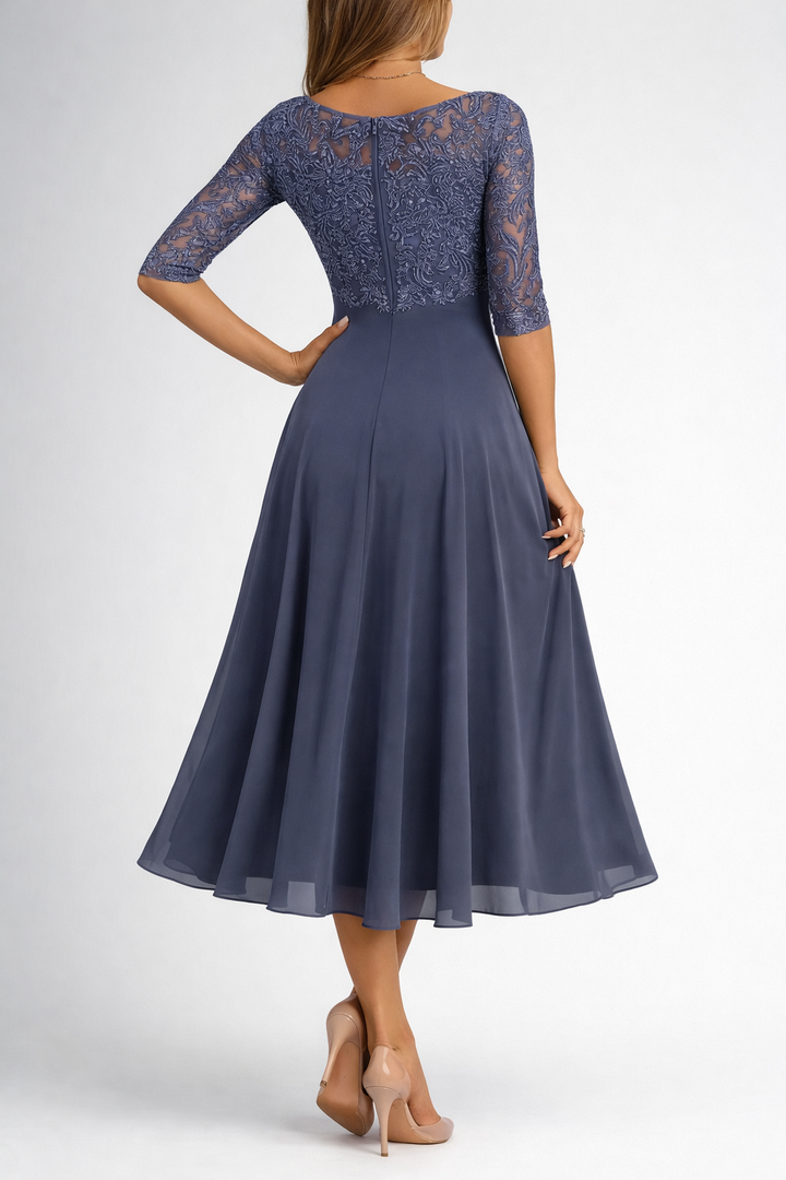 Elegant Lace Overlay Midi Dress with Scalloped Detail