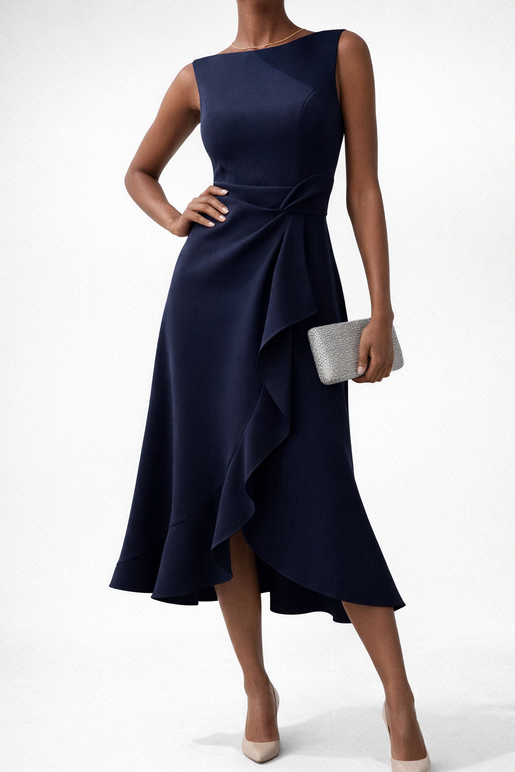 Draped Asymmetric Midi Dress with Flowing Hemline