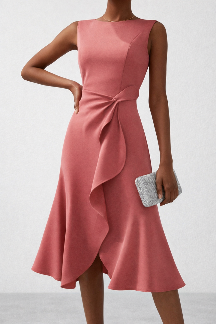 Draped Asymmetric Midi Dress with Flowing Hemline