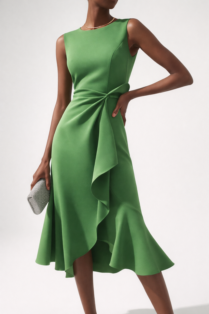 Draped Asymmetric Midi Dress with Flowing Hemline
