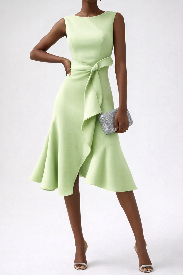 Draped Asymmetric Midi Dress with Flowing Hemline