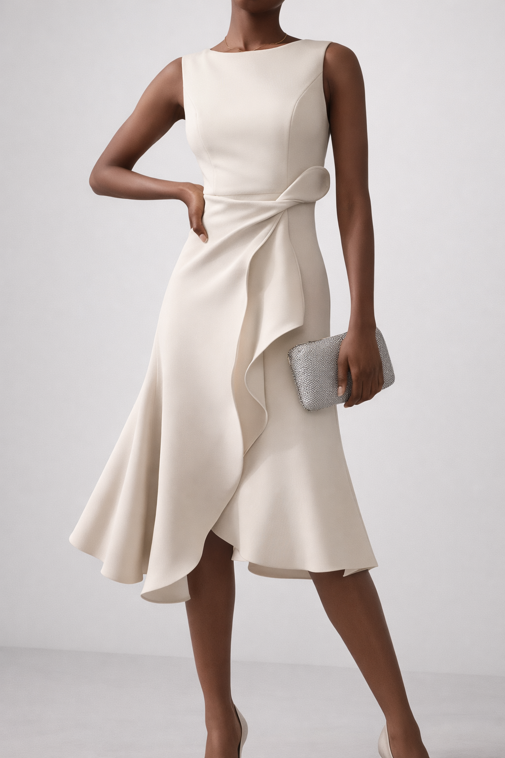 Draped Asymmetric Midi Dress with Flowing Hemline