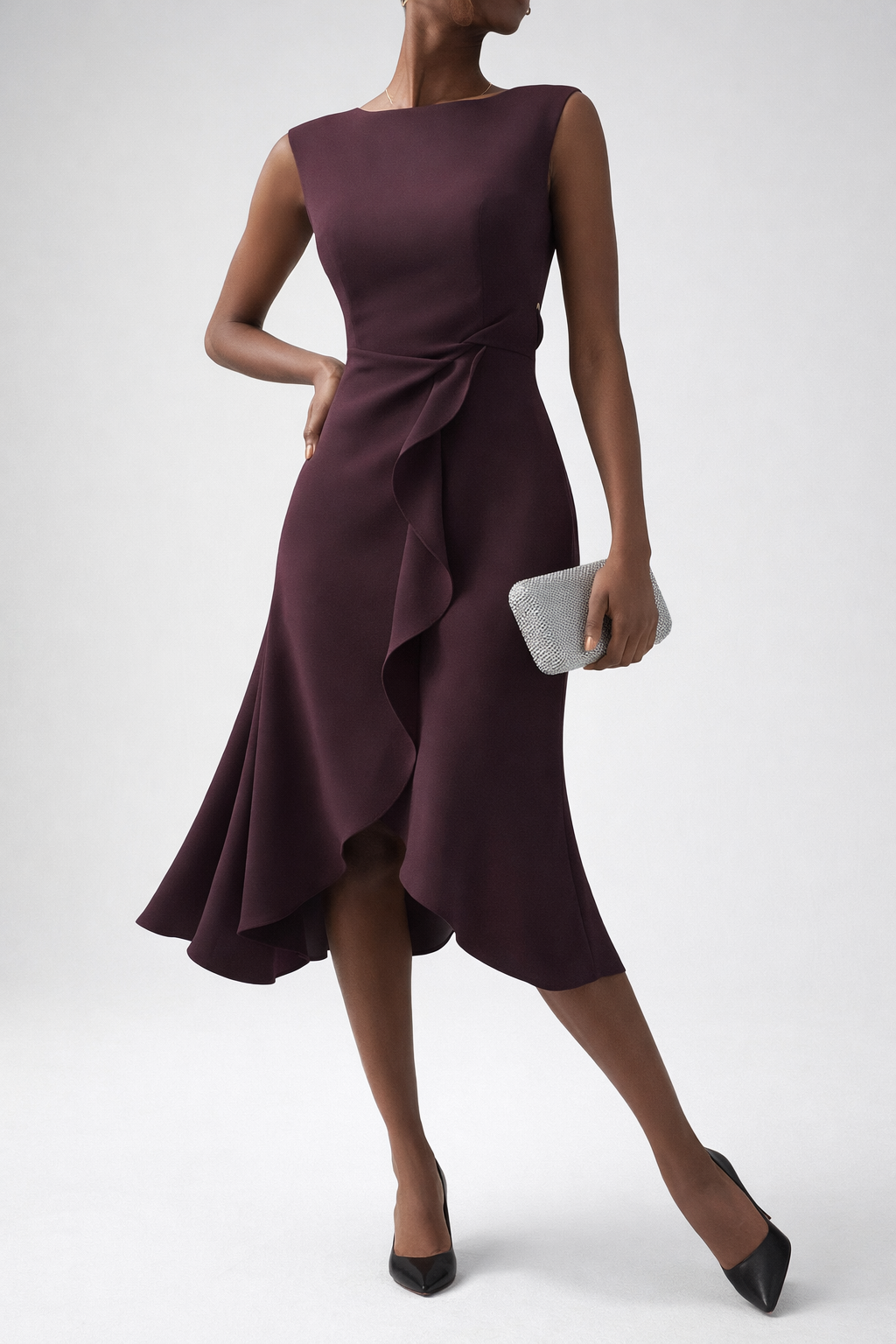 Draped Asymmetric Midi Dress with Flowing Hemline