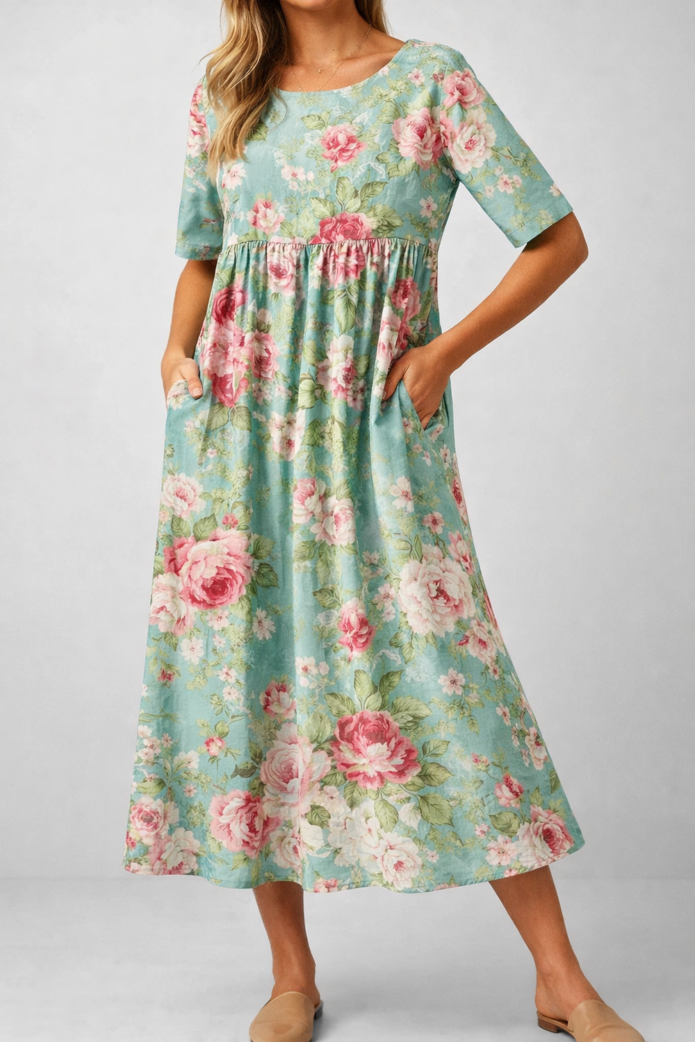 Relaxed Floral Print Midi Dress Lightweight Summer Fit
