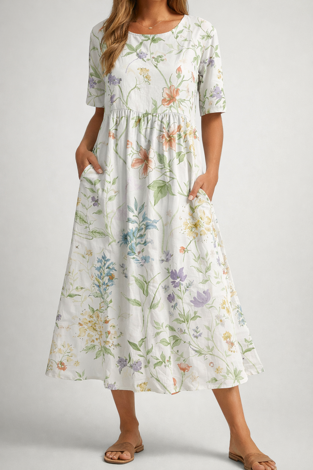 Relaxed Floral Print Midi Dress Lightweight Summer Fit