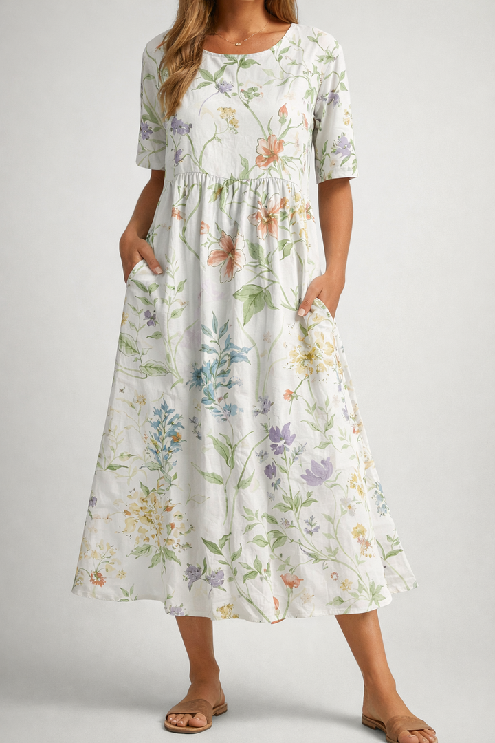 Relaxed Floral Print Midi Dress Lightweight Summer Fit