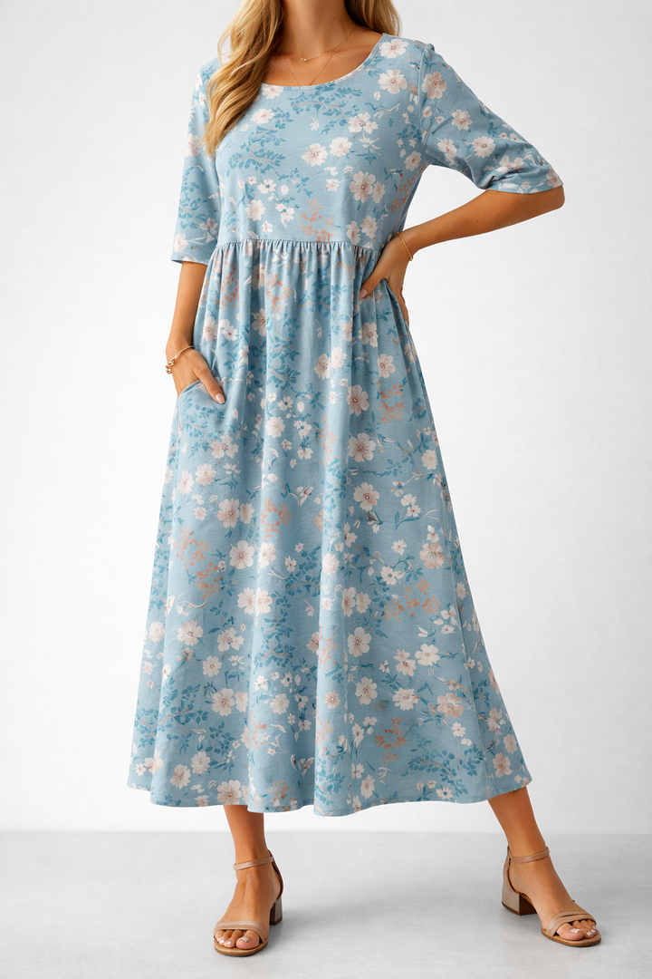 Relaxed Floral Print Midi Dress Lightweight Summer Fit
