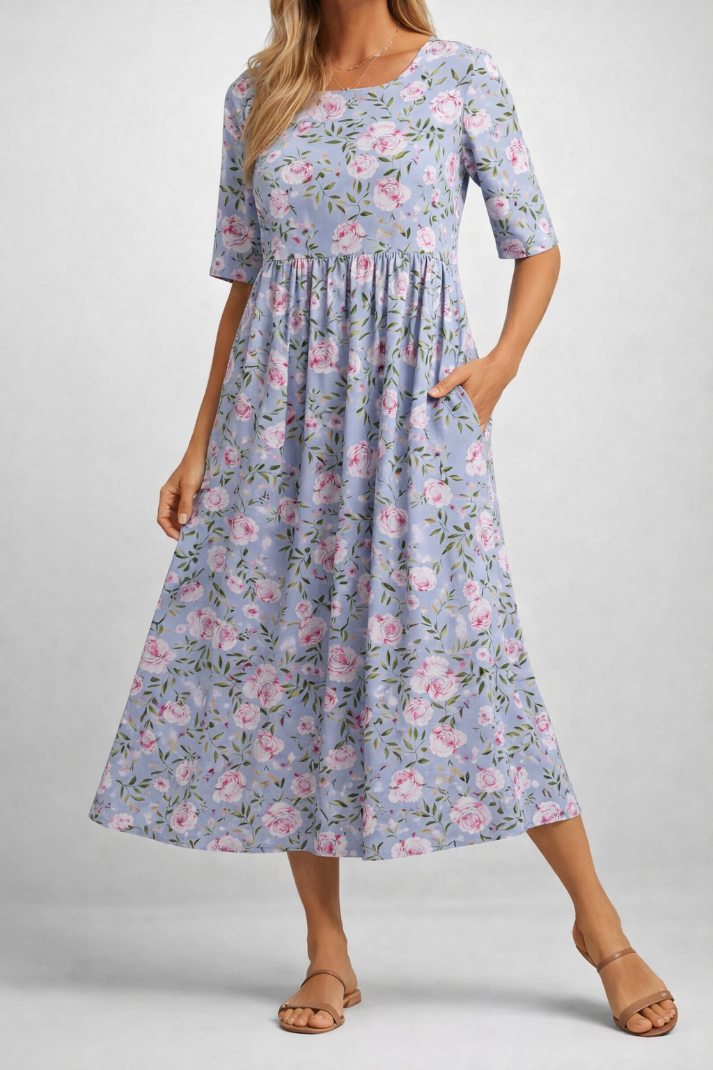 Relaxed Floral Print Midi Dress Lightweight Summer Fit