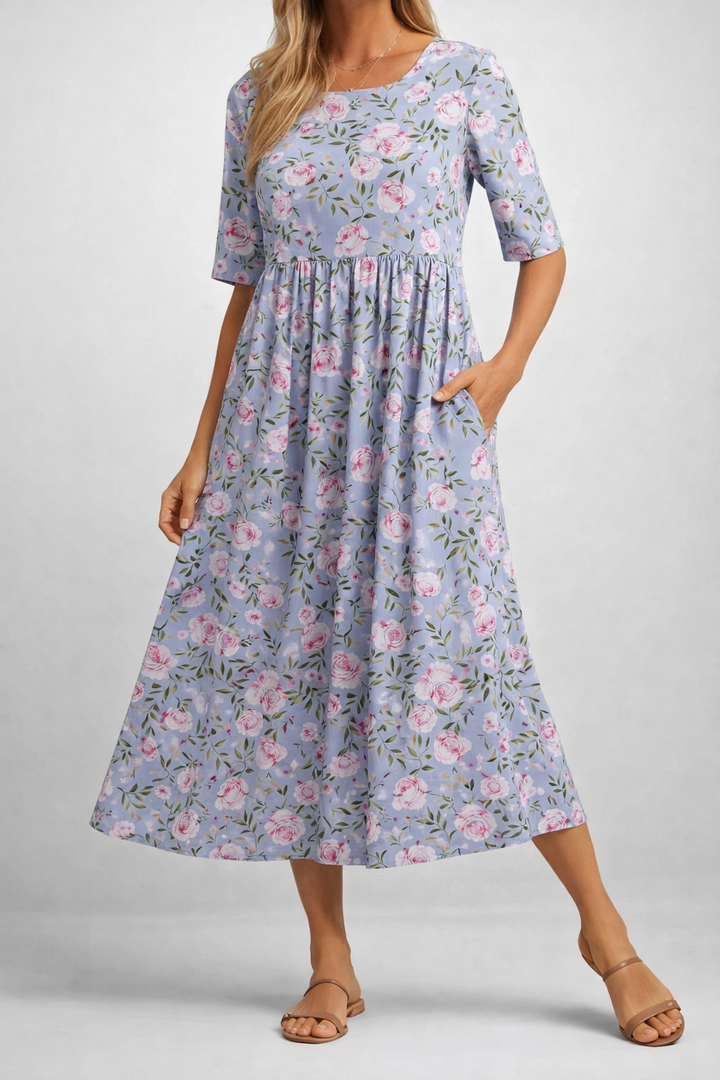 Relaxed Floral Print Midi Dress Lightweight Summer Fit