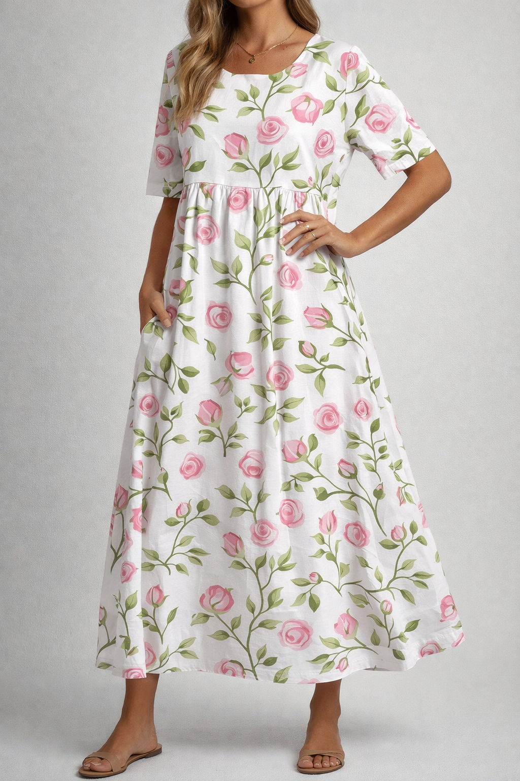 Relaxed Floral Print Midi Dress Lightweight Summer Fit