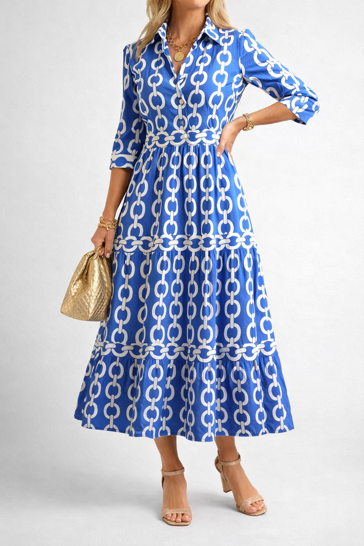 Printed Chain Pattern Midi Dress with Elegant Drape